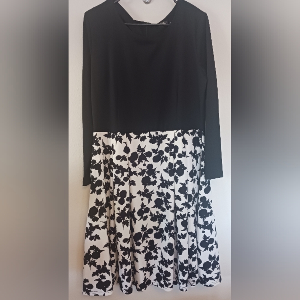 Oxiuly Fashion Women's Black Top Floral Bottom 3/4 Sleeve Pockets Dress Size XXL